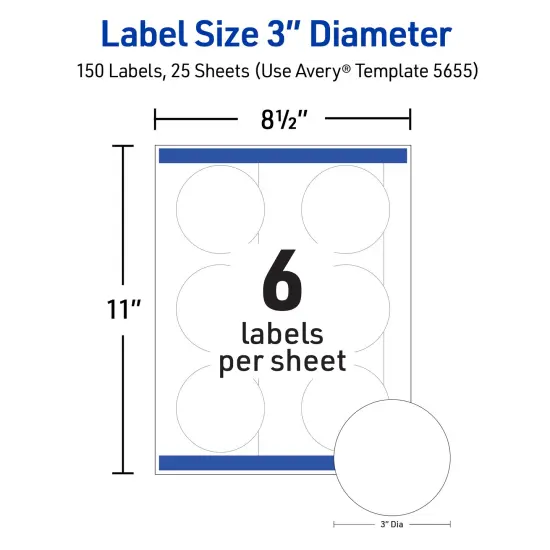 Avery Printable Round Labels with Sure Feed, 3" Diameter, Matte White, Permanent Adhesive, Laser & Inkjet Printers, 150 Blank Labels (5655) {5}