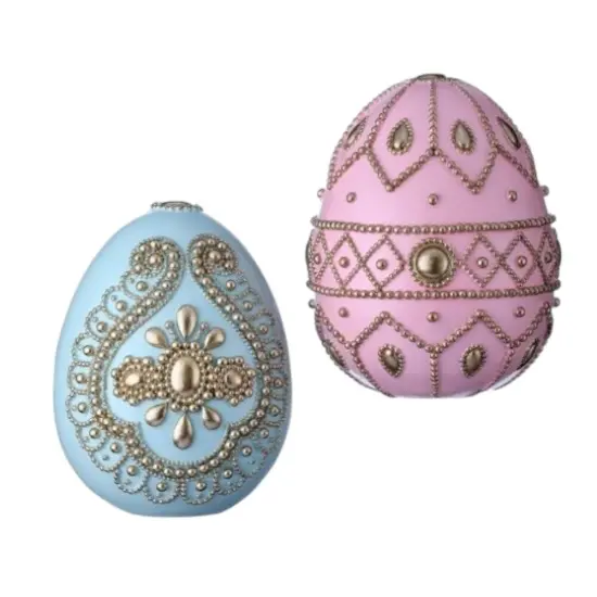 8" Handcrafted Jeweled Easter Egg Figurine Set – Pink & Blue Ornate Spring Decor {1}