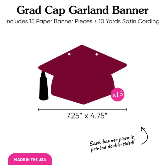 Big Dot of Happiness Maroon Graduation Cap Garland Banner, High School or Elementary Graduate Photo Backdrop, 10 Feet of Cord, 15 Hats with Tassels {6}