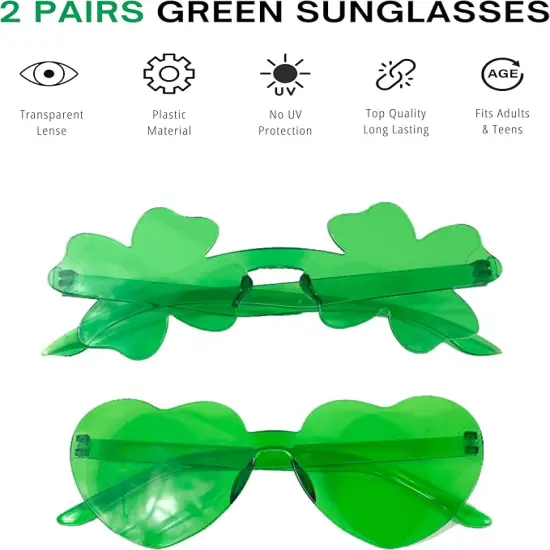 4E's Novelty Set of 2 Green Sunglasses for Adults, Shamrock & Heart Shaped, St Patricks Day Glasses for Women & Men Party Outfit Accessories {3}