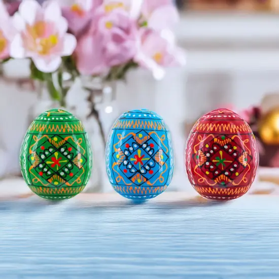 Set of 3 Vibrant Geometric Ukrainian Pysanky Wooden Easter Eggs 2.5 Inches {3}