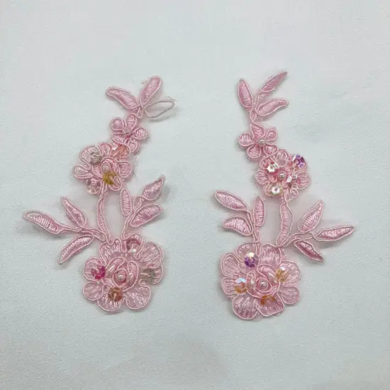 1 Pair Beaded & Corded Floral Lace Applique 4" x 2" Each Side Pink {1}