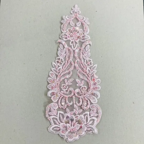 Beaded Lace Medallion Applique for Bridal Veils and Wedding Gowns 14" x 5.5" White {4}