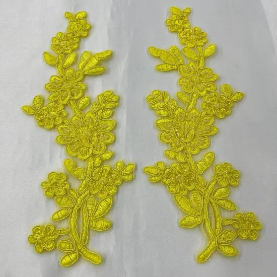 1 Pair Beaded & Corded Floral Lace Applique 10" x 2" Each Side Yellow Color {1}