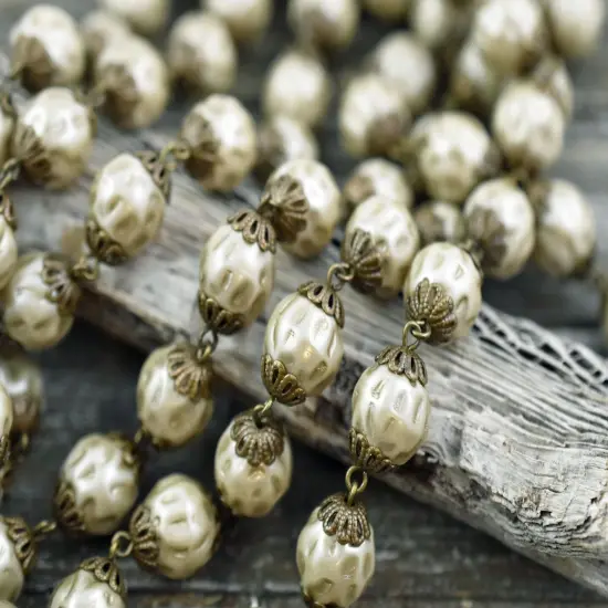 10mm Czech Glass Satin Taupe Baroque Pearl Chain with Antique Bronze Caps -- Sold by the foot {3}