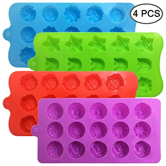 4 Pieces Flower Shape Chocolate Candy Molds Set,DanziX Silicone 15 Cavity Baking Mold Ice Cube Tray for Wedding,Festival,Parties and DIY Crafts-Green,Blue,Red and Purple {2}