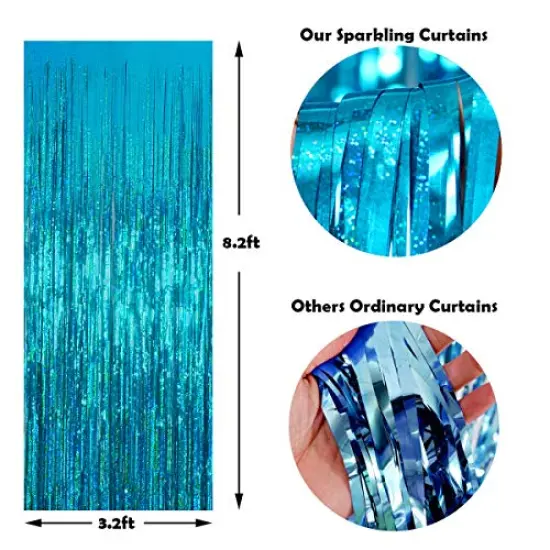 2 Pack 3.2 ft x 8.2 ft Teal Tinsel Foil Fringe Curtains Backdrop, Sparkle Metallic Foil Curtains for Birthday Party Decoration {3}