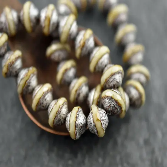 *15* 8x10mm Silver Picasso Washed Opaque Beige Saturn Beads {4}