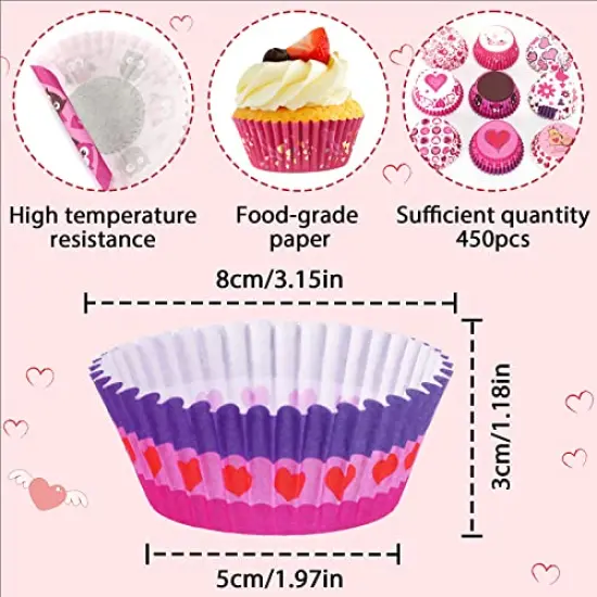 450 Pieces Valentine's Day Cupcake Liners Heart Baking Cups Cupcake Wrappers Paper Wraps Muffin Liners for Valentine's Day Wedding Birthday Party Candy Cake Decorations Supplies (9 Designs) {6}
