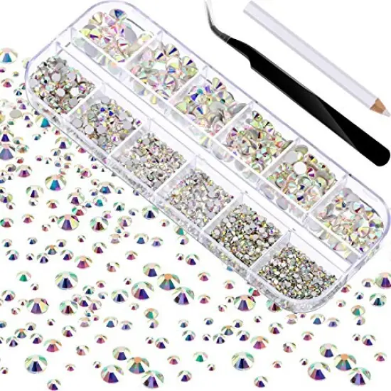 2000 Pieces Flat Back Gems Round Crystal Rhinestones 6 Sizes (1.5-6 mm) with Pick Up Tweezer and Rhinestones Picking Pen for Crafts Nail Face Art Clothes Shoes Bags DIY (Crystal AB) {1}