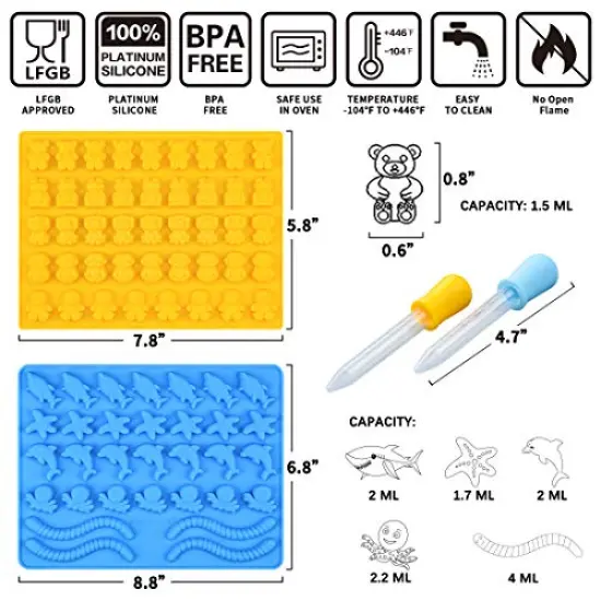 4 Pieces Gummy Bear Mold Candy Molds - Chocolate Molds Including Bears, Frogs, Lions, Monkeys, Penguins, Worms, Starfishs, Dolphins, Octopus, Sharks Sea Mold BPA Free Set of 4 Silicone Molds {1}