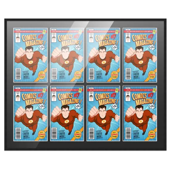 Comic Book Frame with Mat for 8 Current Era Comics Published After 1985 - Black Wood Comic Frame With Black Mat for 6.875x10.5 Comics - 37.5x26.5 Frame Size {1}