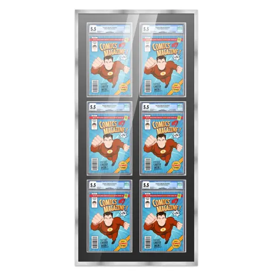Comic Book Frame with Mat for 6 Graded Comics - Silver Wood Comic Frame With Black Mat for 8.125x13 Comics - 20.75x44.5 Frame Size {1}