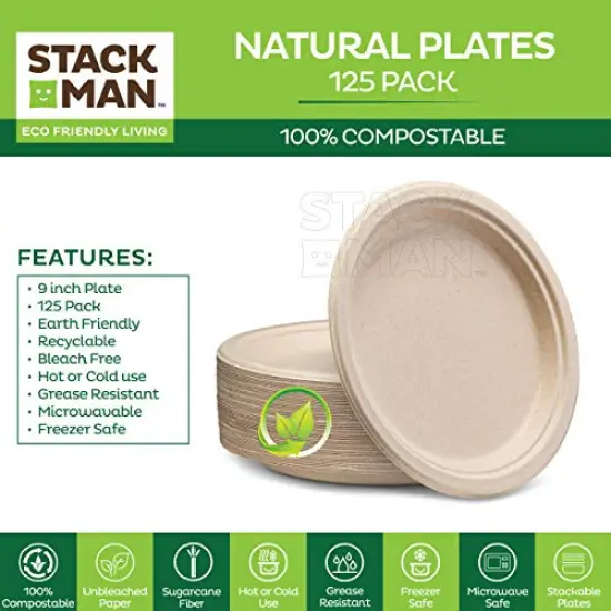 125 Pieces 100% Compostable Paper Plates, Heavy Duty Disposable Plates 9 Inch Plates - Eco-Friendly, Biodegradable Sugarcane Bagasse, Natural Unbleached Brown 9" Dinner Paper Plate Disposable {1}
