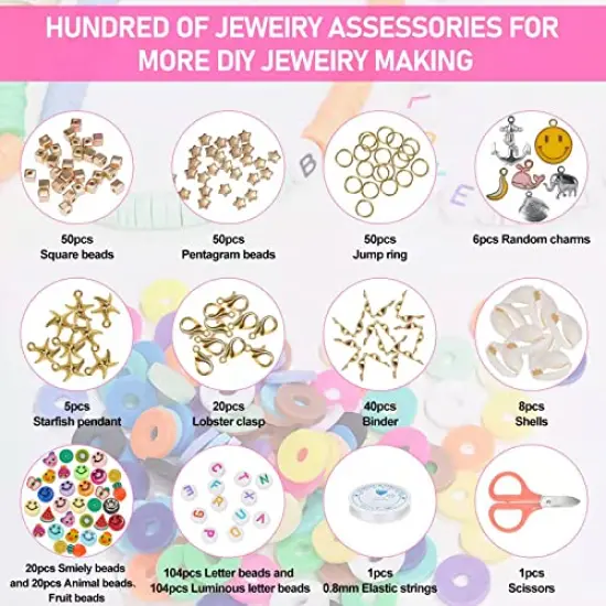 6100 Pieces Polymer Clay Beads for Bracelets Making Aesthetic Kit 24 Colors Flat Heishi Beads for Jewelry Making DIY Set with Letter Beads, Smile Face Beads and Charms for Girls Gift {3}