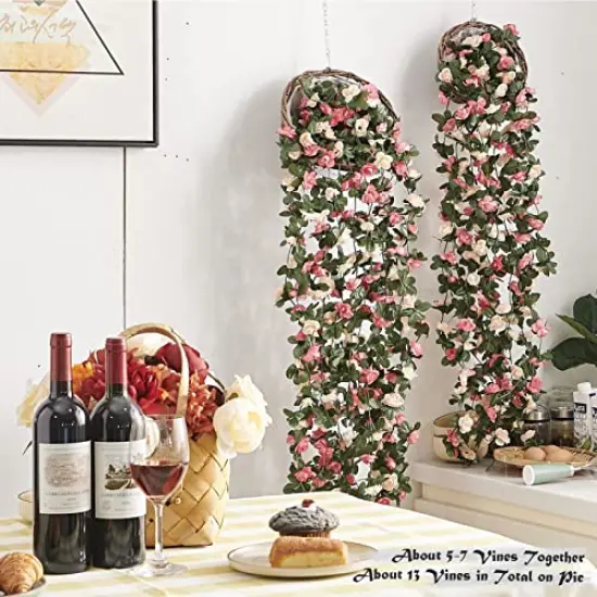 8 Pieces 66 ft Flower Garland, Artificial Rose Vine Flowers with Green Leaves Hanging for Room, Anniversary Wedding Birthday Christmas Wall Arch Decor, Spring Pink Flower {1}