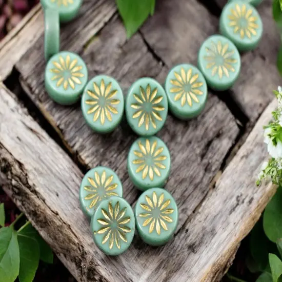 *15* 12mm Gold Washed Green Turquoise Aster Flower Coin Beads {1}