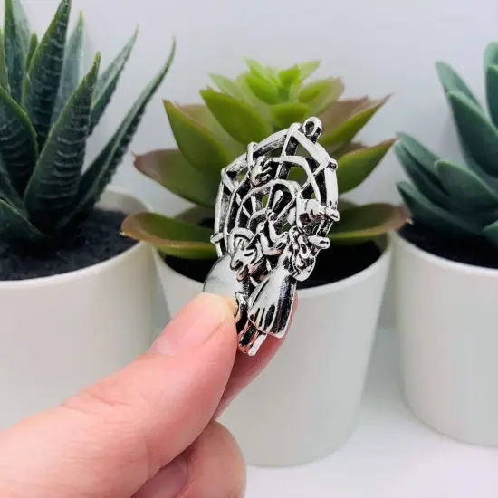 Large Silver Witch with Spider Web and Cauldron Pendant, 40x33mm {5}