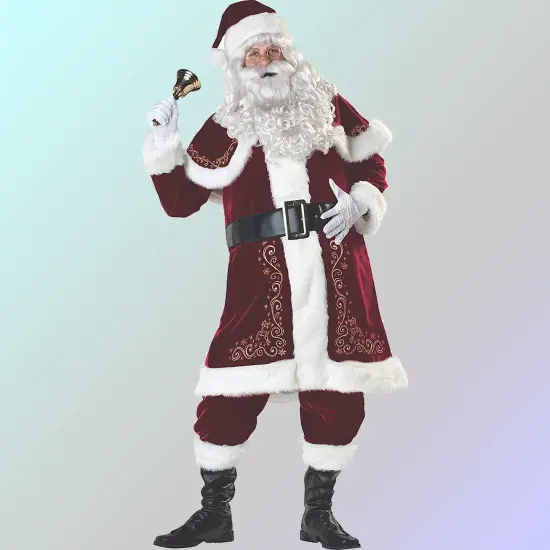 Men's St. Nick Flocked Velvet Santa Costume with Gold Trim and Boot Covers {3}