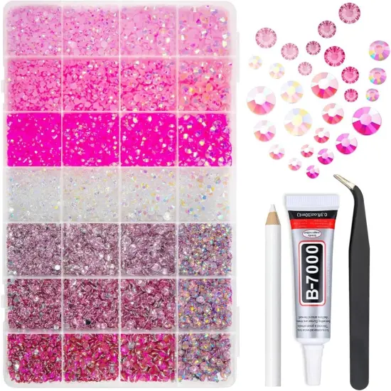 28 Types Pink Flatback Resin Rhinestones with Glue - 3mm-6mm (Pink Series) {1}