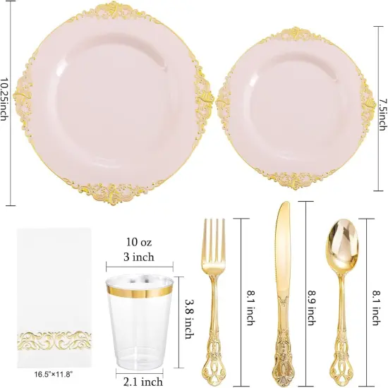 700PCS Pink and Gold Plastic Dinnerware Set &ndash; Disposable Plates, Silverware, Cups & Napkins for Wedding, Party & Events {3}