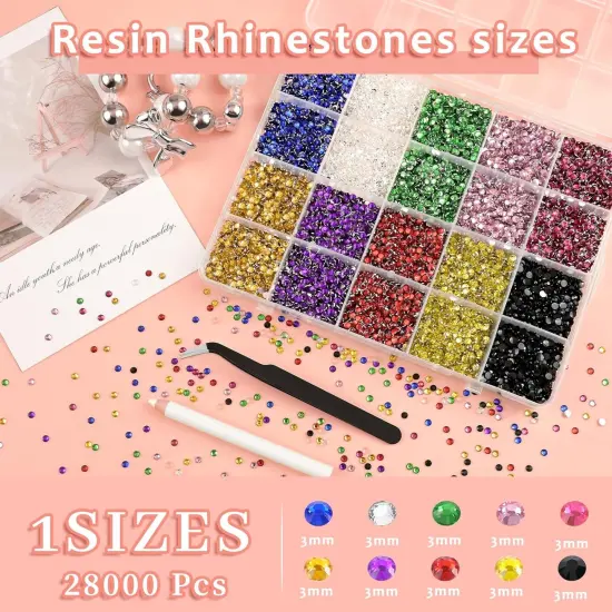 28000 Pcs 3mm Flatback Resin Rhinestones with Tweezers - Rainbow Colors {2}
