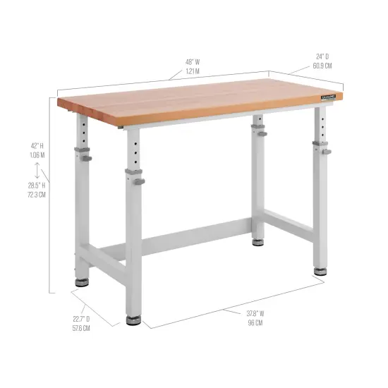 Seville Classics UltraHD Height Adjustable Workbench, 48" W x 24" D x 28.5" to 42" H White {8}