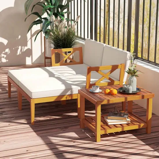 Costway 5 PCS Acacia Wood Patio Chaise Lounge Chair Set with 2-Tier Coffee Table Cushions {5}