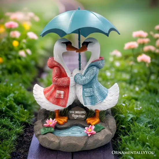 Romantic Swan Couple Under an Umbrella Solar Powered Garden Statue, 10" Lighted Outdoor Bird Figurine Decor {1}