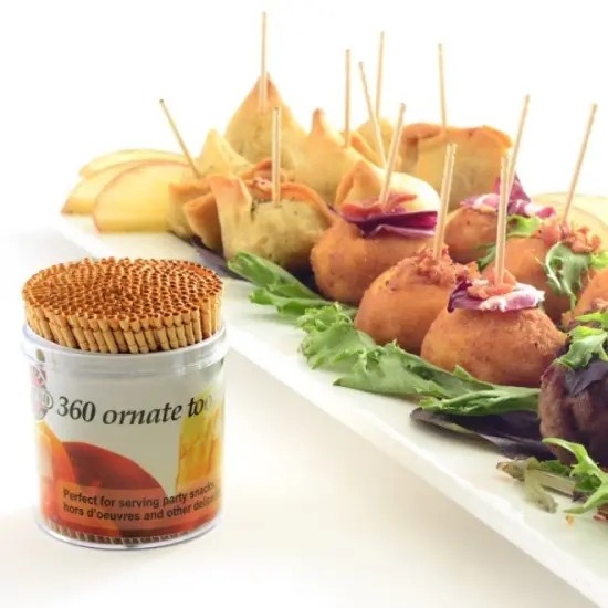 Norpro 2.5" Fancy Ornate Wood Toothpicks Appetizer Skewers with Holder - 450 Pack {3}