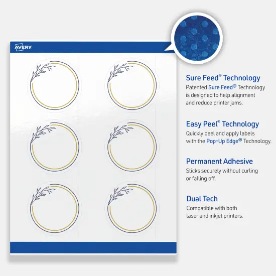 Avery Printable Round Labels, Gold & Navy Border with Florals, 3" Diameter, Glossy White Round Labels, Permanent, Laser/Inkjet, 60ct, Great for Product Labels {3}