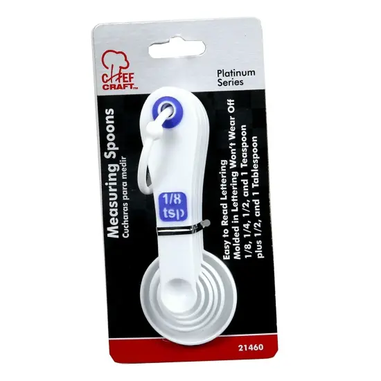 Chef Craft EZ-Read Large Print Plastic 6 Piece Measuring Spoon Set, 1/8 tsp, 1/4 tsp, 1/2 tsp, 1 tsp, 1/2 tbsp, 1 tbsp, White with Blue {4}