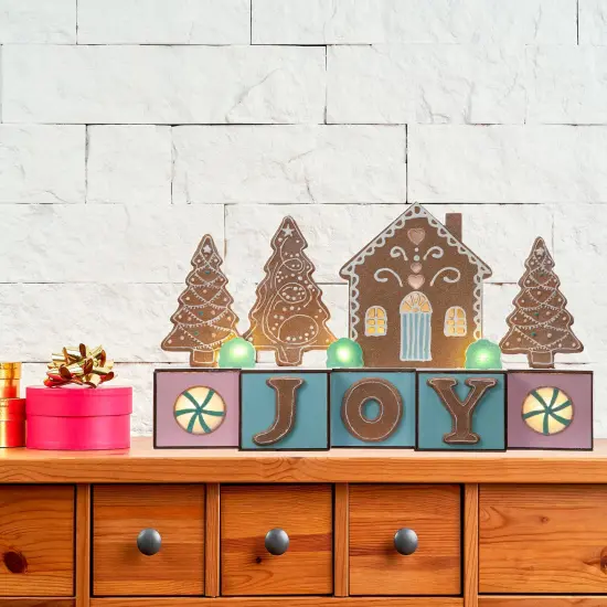 Haute Decor 15 inch Wide Christmas Wood Blocks Lighted Tabletop, Counter, Shelf, or Mantel Decoration - Joy with Gingerbread - Pre-lit and Battery Operated with Automatic Timer {2}
