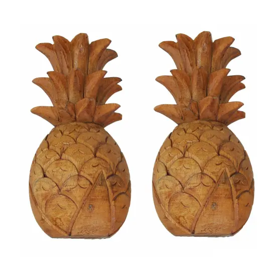 Set of 2 Hand Carved Wooden Pineapple Hanging Wall Art Sculptures Home Decor {1}