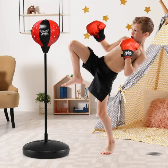 Costway Kids Punching Bag Toy Set Adjustable Stand Boxing Glove Speed Ball with Pump Red/Pink {2}