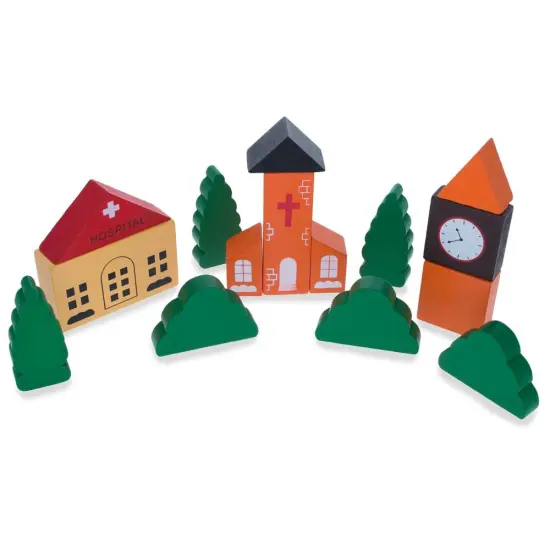 Set of 40 Pieces City Vehicles, Buildings, and Signs Wooden Blocks {6}
