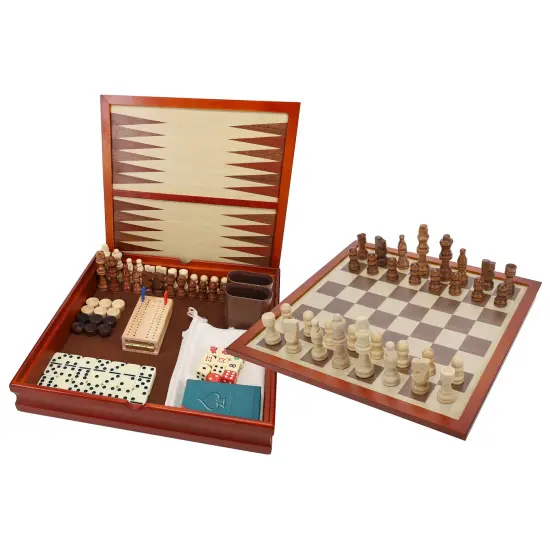 WE Games 7-in-1 Combination Wood Game Set &ndash; 12 inch board &ndash; Includes Chess, Checkers, Backgammon, Dominoes, Cribbage, Poker Dice, Cards {1}
