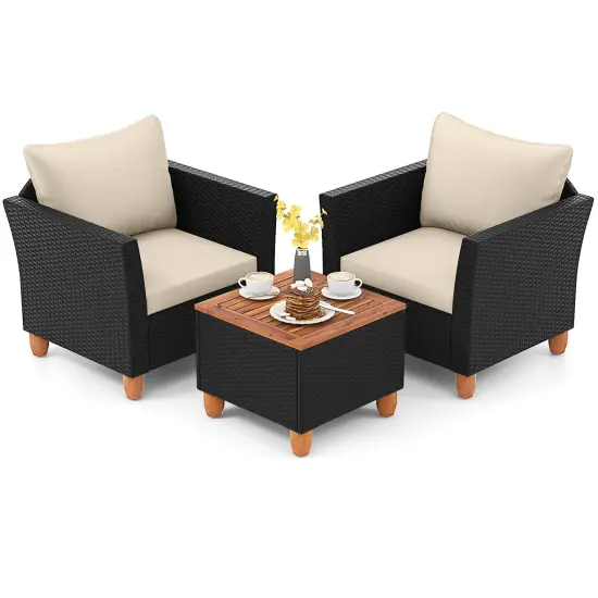 Costway 3 PCS Outdoor Patio Rattan Bistro Furniture Set Wooden Table Top Cushioned Sofa Black Brown {8}