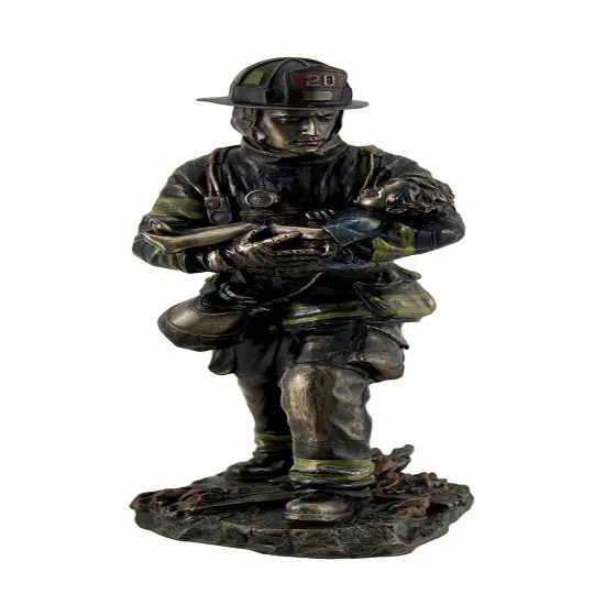 Firefighter Carrying Child Metallic Bronze Statue 11 Inches Tall {3}