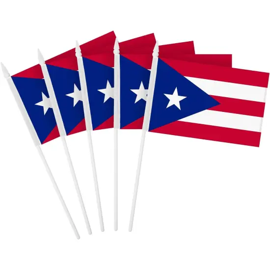 G128 50 Pack Handheld Puerto Rico Puerto Rican Stick Flags | 4x6 In | Printed 150D Polyester, Country Flag, Solid Plastic Stick, Spear White Tip {1}