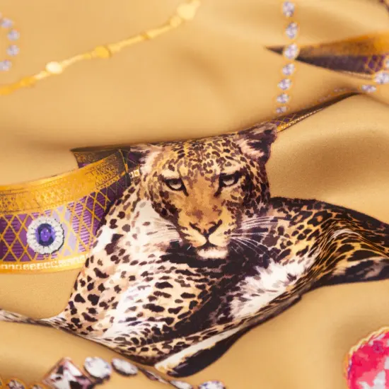 1 Yard Beige Pink Gold Cheetahs Gems Silk Charmeuse Fabric 55 inch Width {2}