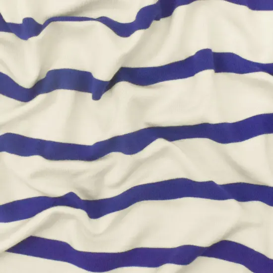 Blue-Ivory Stripe Stretch Spandex Rayon Modal Jersey Knit Fabric By the Yard {1}