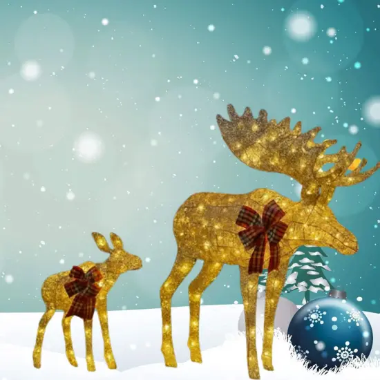 42 and 22 Inches Rustic Champagne Thread Deer Set of Two Reindeer Decor {2}