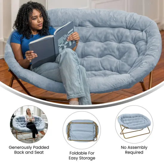 Emma and Oliver Janey Folding Double Saucer Chair with Steel Frame for Dorm, Living Room, or Bedroom AquaFabric/SoftGold {3}