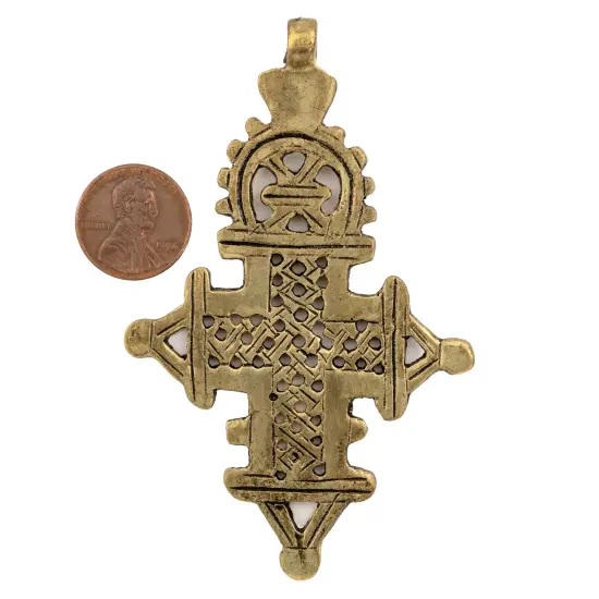 The Bead Chest Ethiopian Coptic Cross Pendant Large 95mm African Brass Brass Large Hole Handmade {2}