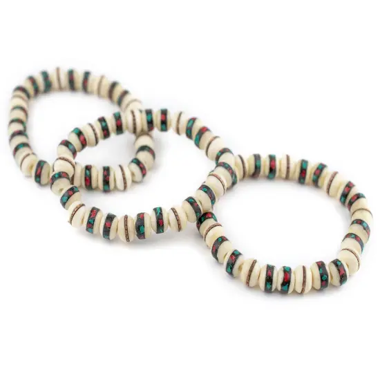 The Bead Chest Mala Stretch Bracelet, White - Stackable Nepal Bone Inlaid with Turquoise & Coral Colors, 100% Authentic and Genuine {3}