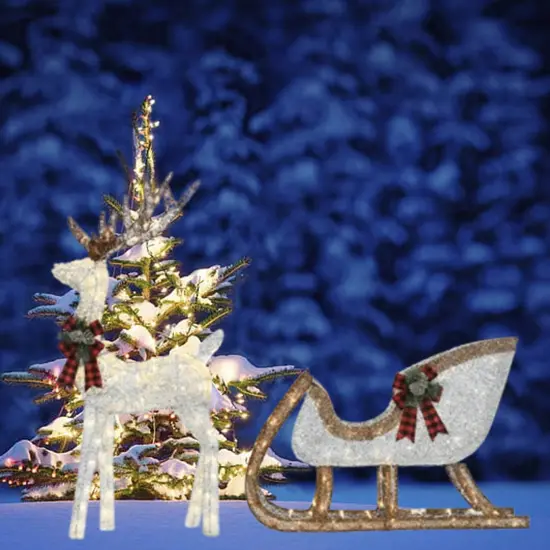 48" Lighted Silver Deer with 38" Sleigh Holiday Yard Decoration {2}