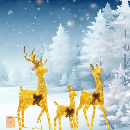 Set of Three Deer Decorations, Champagne Cotton Thread, Holiday Display 60" + 48" + 32" {3}