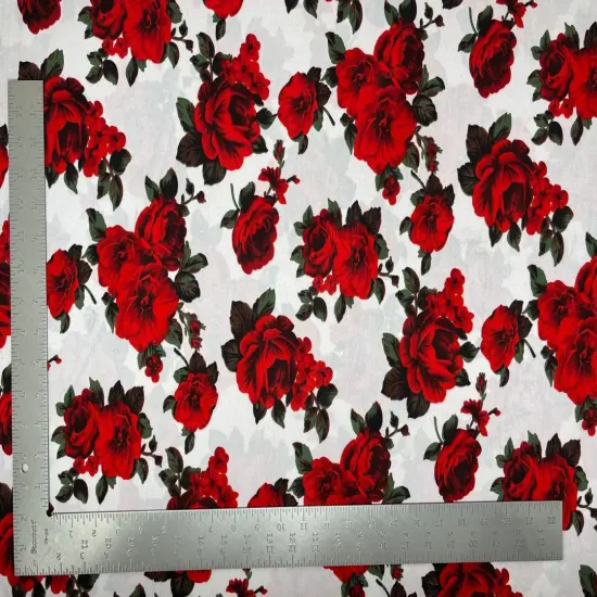 1 Yard ITY Knit Floral Print Fabric for Dresses and Apparel 58/60 Inches Width Off White Grey/Red {1}