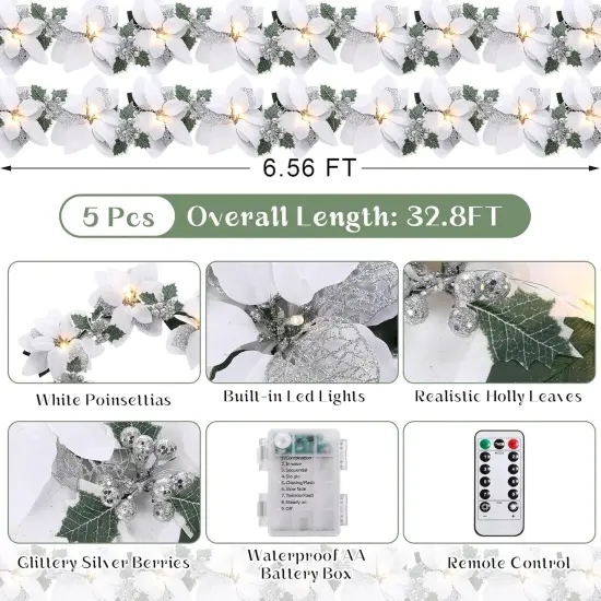 5 Pcs Prelit Poinsettia Winter Christmas Garland with Lights Glitter {3}